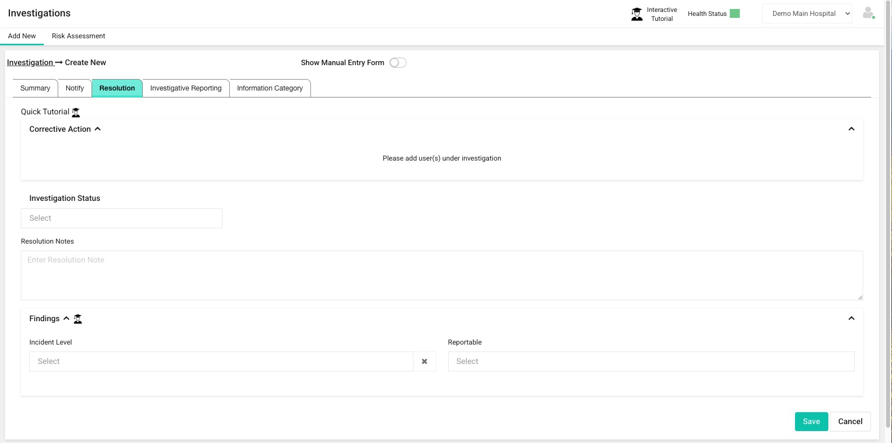 Intruno investigation creation form on the Resolution tab