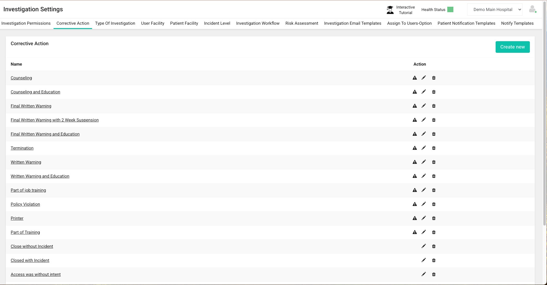Intruno investigation settings listing configurable corrective actions