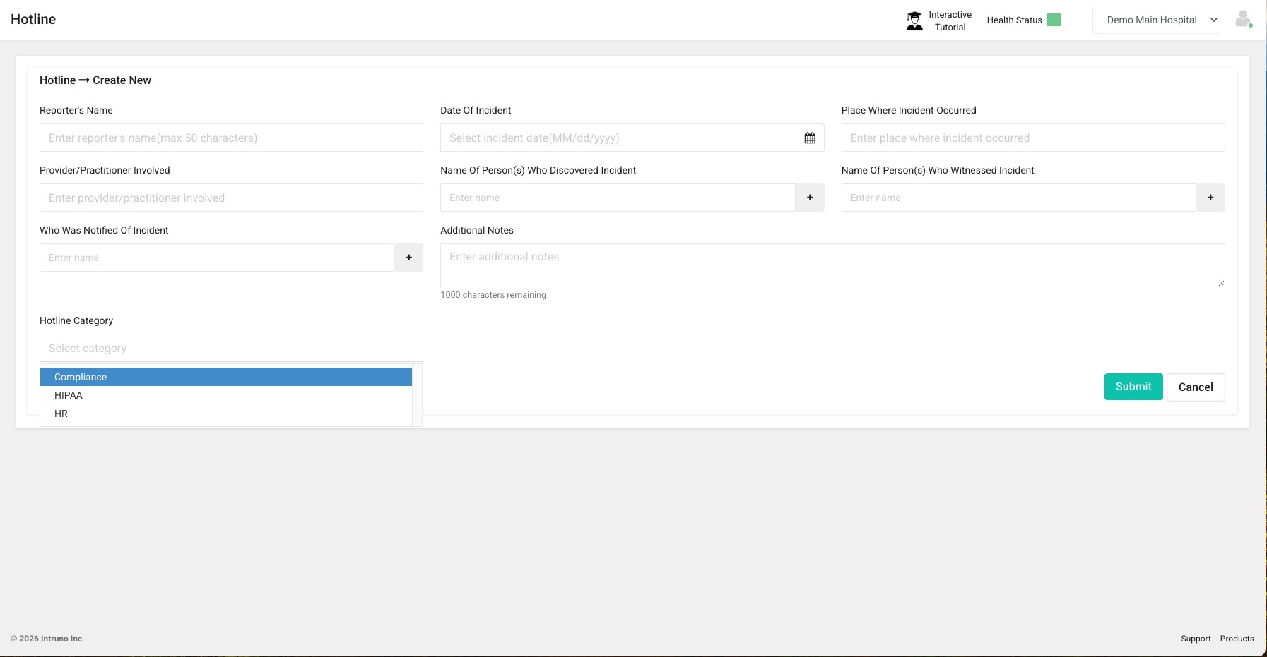 Intruno hotline intake form with the category menu open