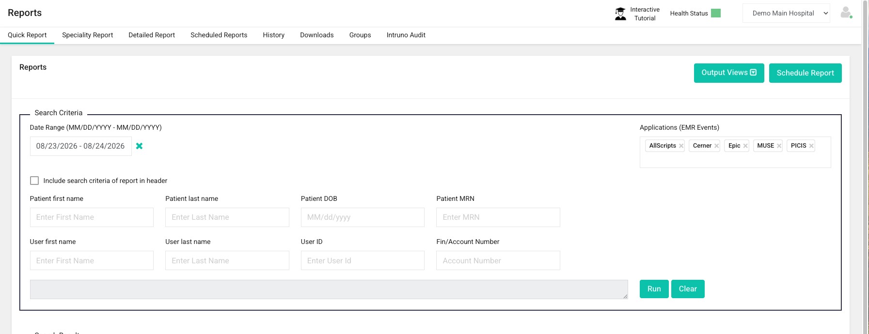 Intruno quick report search across connected EHR applications